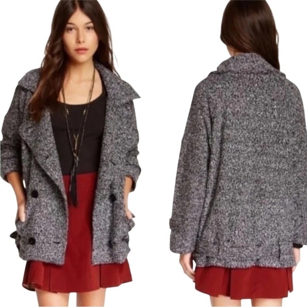 Free People Wool Blend Tweed Boucle Peacoat Double Breasted Moto Jacket